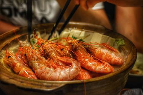 seafood cooked shrimps on brown ceramic bowl animal